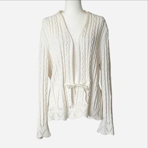 Chaps Ivory Cable Knit Cardigan – Ribbon Tie Front & Scalloped Lace Trim XL